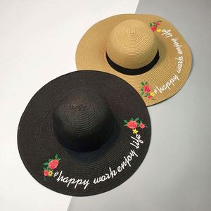 Factory Wholesale Floable Natural <b>Flat</b> Brim Straw <b>Hat</b> Handmade Embroidery Straw <b>Hat</b> - Product Image 3