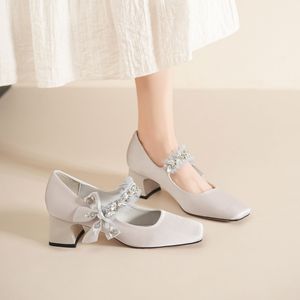 Zapatos Mary Jane con Punta Cuadrada, Tacón Bloque, Decoración de Flores de Satén, Zapatos de Tacón para Boda - Product Image 3