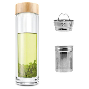 Custom Bamboo Lid 400ml Double Wall Borosilicate Glass Tumbler with <b>Tea</b> <b>Infuser</b> Direct Drinking Eco-Friendly for Presents - Product Image 1