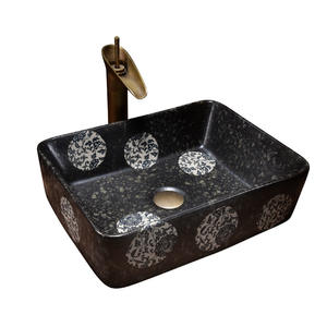 Ahorro de espacio Rectángulo Flor Arte Negro Cerámica Baño Lavabo Pequeño Montaje en pared Fregadero colgante - Product Image 1