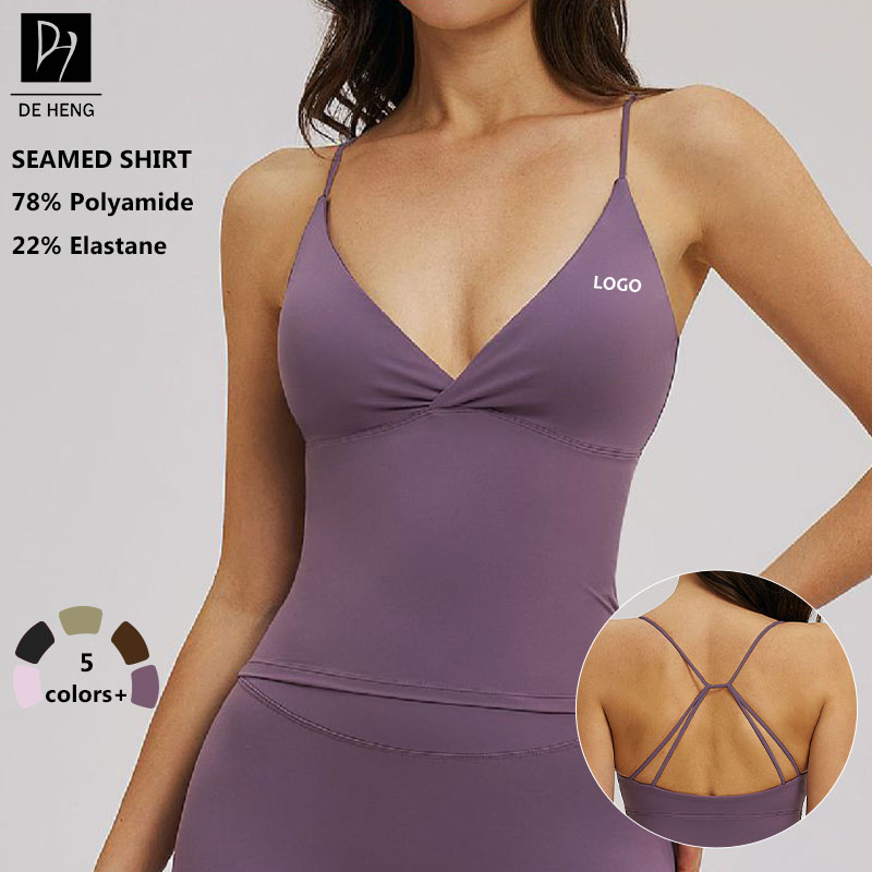 Deep V Neck Solid Pattern Crop Active Fitness Crisscross Back Sportswear Seamed Breathable Bra Top