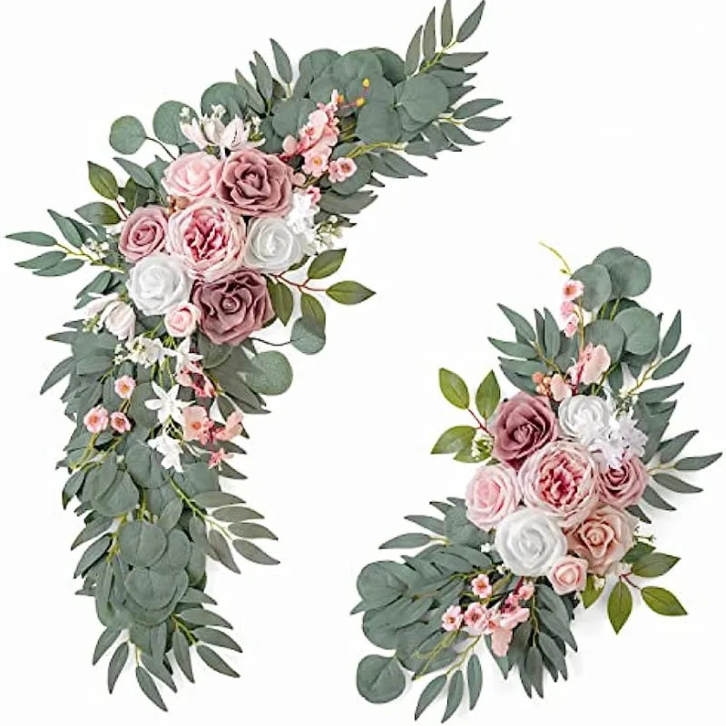 Señales de bienvenida de rosas polvorientas artificiales, decoraciones y flores de arco para la recepción de la ceremonia de Boda (paquete de 2)