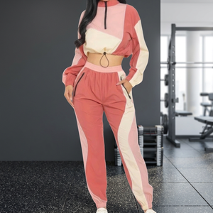 <b>Women</b> Color Blocking Tracksuit Full Sleeve Half-<b>Zip</b> Crop <b>Top</b> With Drawstring Pants Loose Fit Casual Spring Wear - Product Image 2