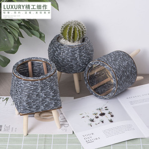 Wicker Flower <b>Pot</b> With Stand Indoor Plant Container For Desktop Office Home Gardening Decorative Planter For <b>Succulent</b> Green - Product Image 3