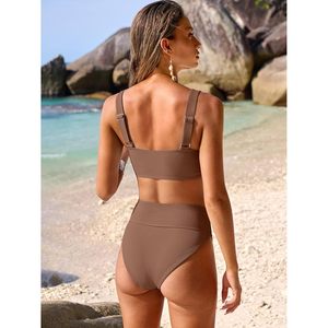 Anrabess Bikini Set Women Summer High Waisted 2 Piece Ribbed <b>Tie</b> Knot Swimsuit Beach Vacation Swimwear - Product Image 5