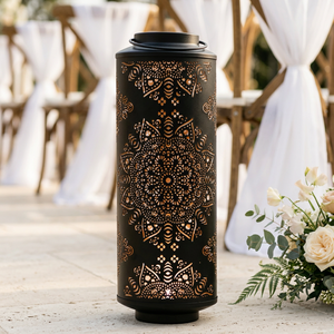 Portavelas votivas altos de metal negro al por mayor con diseño de mandala calado para decoración de bodas - Product Image 1