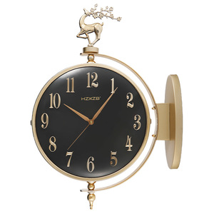Double Sided Wall Clock <b>Round</b> <b>Battery</b> Powered Gold Deer Design Home Living Room Decorative Clock - Product Image 3