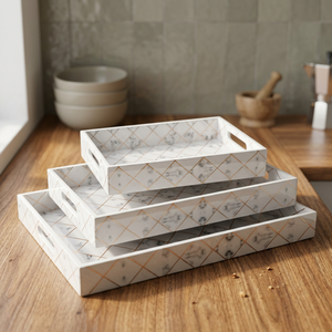 ถาดเสิร์ฟตกแต่ง MDF – ถาดไม้พิมพ์ลายสีน้ำเงินและสีทองสำหรับใช้ในบ้าน รับประทานอาหาร ชงชา และเสิร์ฟบนโต๊ะ - Product Image 3