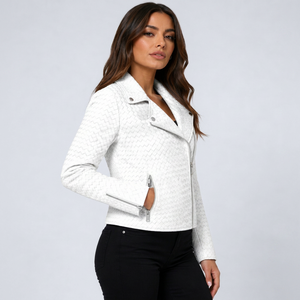 Italian Inspired White Intrecciato <b>Leather</b> <b>Jacket</b> Eco-Friendly Windproof Anti-Bacterial Turn-Down Collar Unisex Winter Outerwear - Product Image 1