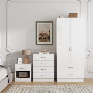 Set di Mobili per Camera da Letto in 3 Pezzi Bianco Lucido: Armadio a 2 Ante con 2 Cassetti, Cassettiera a 4 Cassetti e Comodino - Product Image 2