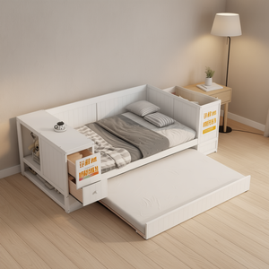 Divano letto singolo bianco con braccioli contenitore, letto estraibile e stazione di ricarica, moderno, in MDF, per camera da letto - Product Image 2