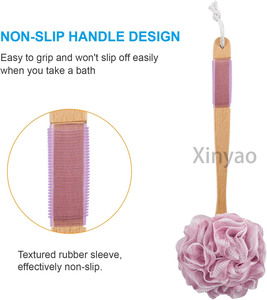 Esponja de ducha con logotipo personalizado, depurador de espalda de lufa, depurador corporal de malla suave con mango largo de madera, baño para hombres y mujeres - Product Image 4