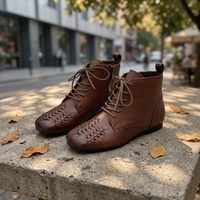 Bottines rétro en cuir véritable tressé effet vieilli, nouvelle collection automne 2026, bout carré, élégantes, à lacets, semelle plate, respirantes