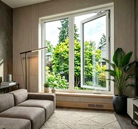 Fenêtre de villa moderne à cadre PVC, double vitrage en verre trempé transparent, ouverture à manivelle vers l'extérieur, insonorisée