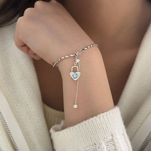 Yinruitai S925 Sterling Silver Heart Charm Bracelet With Blue Zirconia Tassel For Women Gift Jewelry <b>Light</b> Luxury Style - Product Image 2