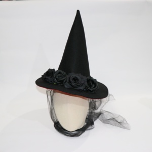 Sombrero de Bruja Negro Personalizado con Rosas y Tul, Gorro de Mago de Fieltro para Disfraz de Fiesta de Halloween, Mujer Adulta - Product Image 5
