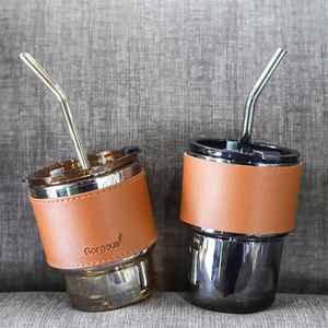 Tazas de bambú de doble pared con pajitas y fundas de cuero marrón para regalo corporativo, cumpleaños, Año Nuevo, uso diario - Product Image 1