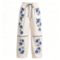 Jean en denim brodé pour femme, taille mi-haute, coupe ample style boyfriend, motif art populaire