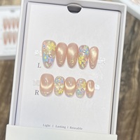 TSZS French Cat's Eye Almond Handmade Press on Nails Golden Stripe Floral Pattern Reusable Artificial Nails With Private Label