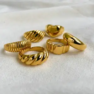 Anéis de luxo femininos, joias de bronze elegantes e douradas de aço inoxidável