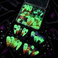 Lot de 4 faux ongles autocollants Halloween phosphorescents, imprimés en 3D, longs stilettos, motifs citrouille, fantôme, chauve-souris, pour fête