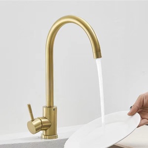 Robinet de cuisine en acier inoxydable 304 doré, finition brossée, grand mélangeur courbé à poignée unique pour lavabo sur comptoir - Product Image 2