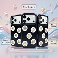 Étui de téléphone en cuir PU noir brillant avec motif autocollant de dessin animé mignon, protection intégrale antichoc pour iPhone 15 16 17 18 Pro Max