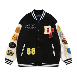 Vintage High quality men's varsity bomber jacket custom patches towel embroidery contrast color letterman leather sleeves