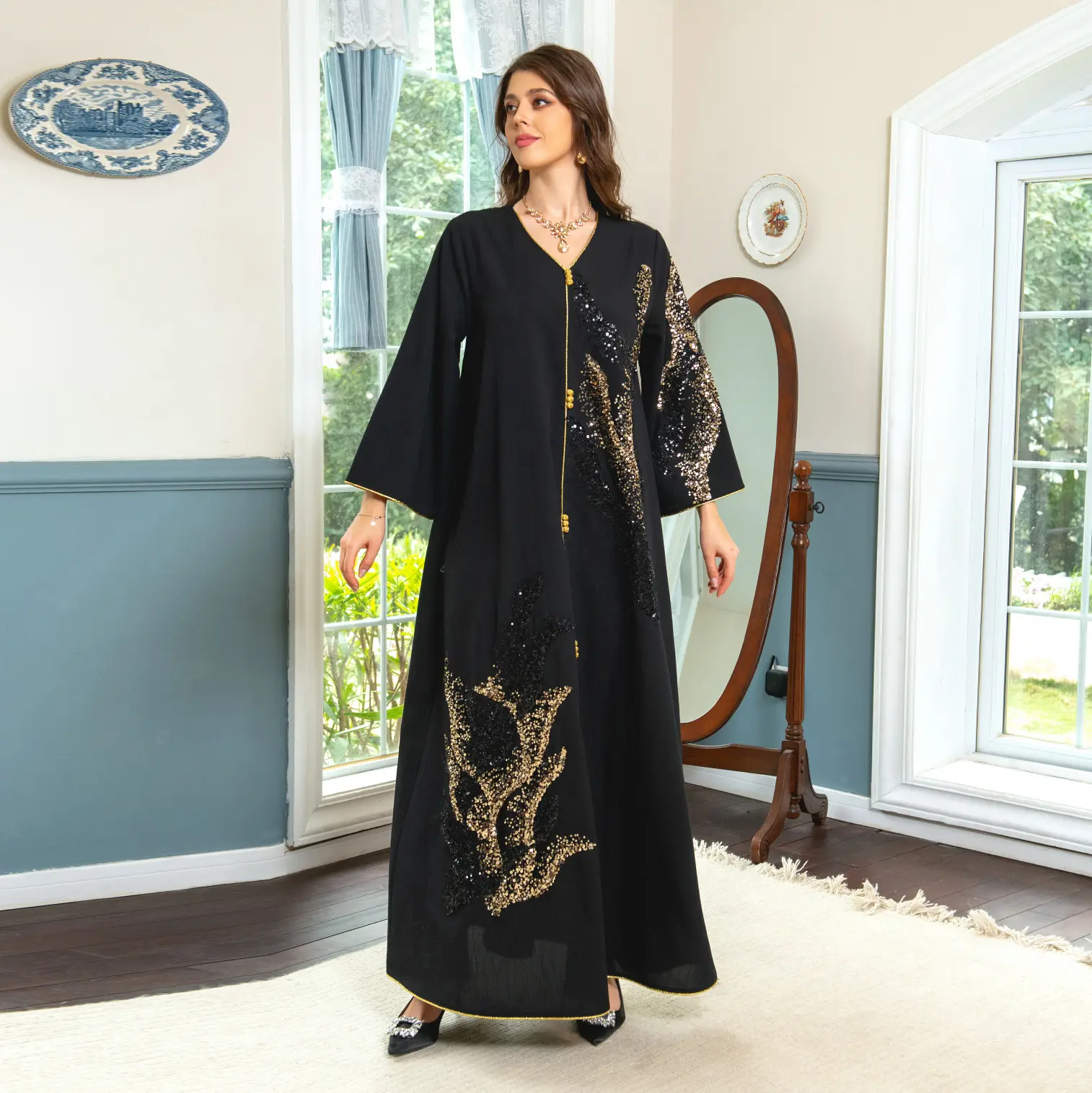 Yibaoli Manufacturer 4 colors modest dubai islamic sequined caftan dress