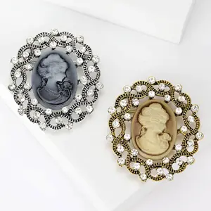 Cheap Vintage Brooch Jewelry Gift Hollow-out Flower Brooch Pin Rhinestone Beauty Head Cameo Brooch Pin For Women