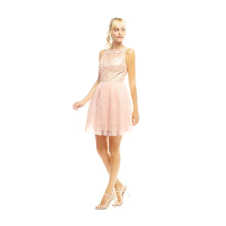Fashion Custom sleeveless pink mesh applique short beige evening gowns formal dinner dress for women party