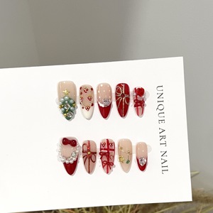 Uñas Postizas Navideñas Hechas a Mano, Uñas Acrílicas Rojas Pintadas a Mano, Puntas de Uñas Reutilizables, Decoración de Manicura DIY, Venta al Por Mayor - Product Image 4