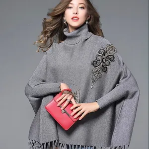 Bán Buôn Cao Cổ Crochet Phụ Nữ Áo Len Tua Poncho Mẫu Thêu Thư Áo Thun Áo Khăn Choàng