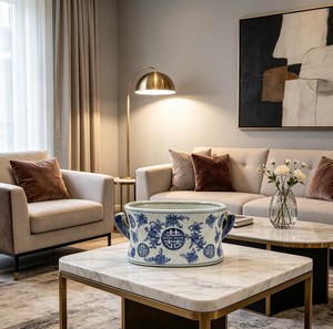 Vaso in ceramica blu e bianco con smalto craquelé fatto a mano, design tradizionale cinese Doppia <span class=keywords><strong>Felicità</strong></span>, con due manici, in porcellana. - Product Image 5