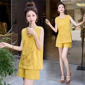 Women's Cotton Linen Two Piece Set Sleeveless Top Shorts Navy Blue Embroidered Breathable Casual Summer Outfit - Product Image 2
