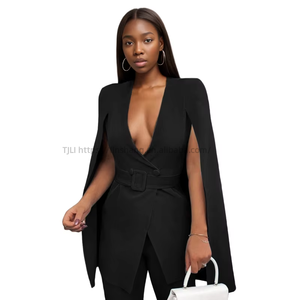 Costume et blazer pour femme, couleur unie, avec épaulettes, manches ouvertes, coupe longue ajustée, pour le bureau, mode - Product Image 1