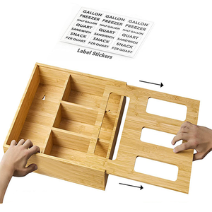 RAYBIN wood bamboo box ziplock bag storage organizer box silicone acacia desk drawer and dispenser for kitchen