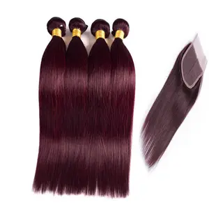 Cuticle Aligned Brazilian Hair Weave Human Hair Bundle with Lace Closure 1B 99j Straight 3 Bundles Remy Hair