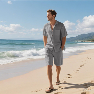 Breathable Outfits Two-piece <b>Knitted</b> Woven High Quality Luxury Custom Casual Summer Daily Outerwear Men's Shirt <b>Sets</b> - Product Image 4