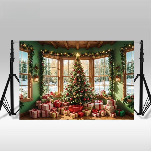 USA UK Hot Selling Christmas Backdrop Tree Gifts Wooden Floor Family Portrait Photography Background for Studio Photography