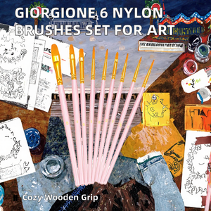 Giorgione – Lot de 6 pinceaux plats à manche en bois et virole en aluminium, poils en nylon, pour peinture acrylique, aquarelle, gouache / Kit de peinture - Product Image 2