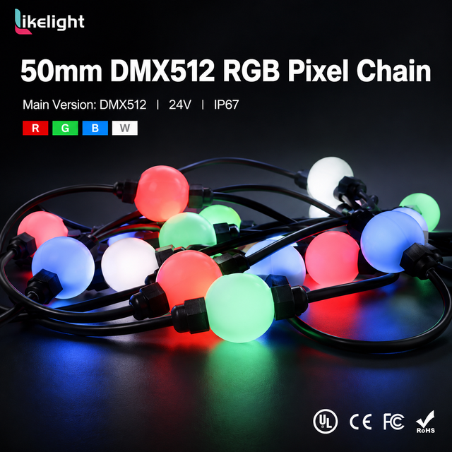 UL Listed Commercial 50mm DC24V IP67 DMX512 RGB Pixel Ball LED Chain String Light for Event Venue Hanging Decoration Project
