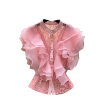 Kemeja Wanita Gaya Prancis Musim Panas, Elegan dengan Ruffle dan Aksen Renda, Kerah Tegak, Blus Ringan