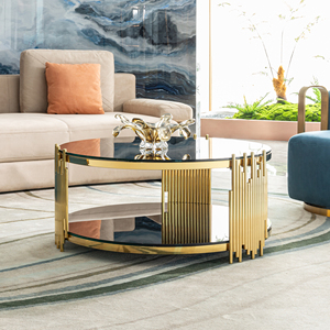 Mesa de Centro Redonda de Lujo Moderna con 2 Niveles de Vidrio Templado Negro y Acabado Dorado - Product Image 3