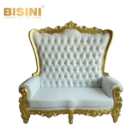 Chaise à dossier haut 2 places en bois massif de style européen du milieu du siècle avec feuille d'or et cuir blanc, idéale pour les projets résidentiels haut de gamme
