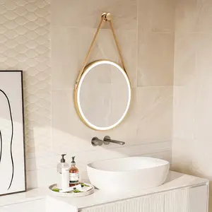 Yehlia 터치 센서 스마트 욕실 화장대 거울 원형 매달려 가죽 스트랩과 라운드 Led 거울