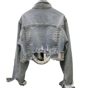 Chaqueta vaquera para mujer, novedad de verano 2024, chaqueta vaquera con tachuelas y remaches de la industria pesada, chaqueta vaquera con cuentas de uñas desgastadas para mujer, Top - Product Image 6