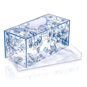 <strong>Blue</strong> Floral Acrylic Challah Box Toile Print Cake Dome Square Bread Cover White Base Shabbos Wholesale Judaica Custom OEM - Product Image 3