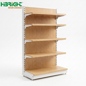 Étagères de supermarché modernes en acier blanc avec cadre imitation bois, présentoirs de vente au détail pour supermarché - Product Image 1