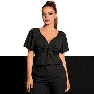 Blouse à œillets personnalisée, bouton, devant torsadé, col en V profond, manches courtes à volants, ourlet peplum, respirante, crochetée, moderne - Product Image 2